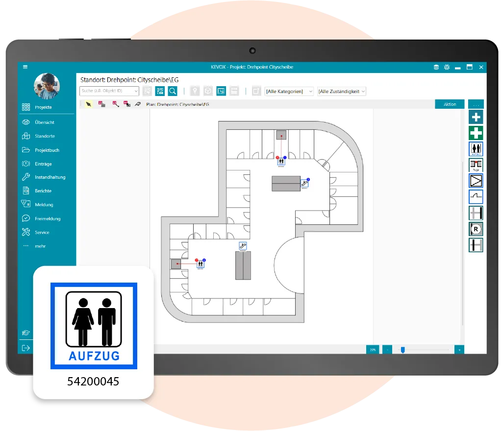 Übersicht eines Gebäudeplans mit markierten Aufzugsstandorten, dargestellt im KEVOX-System.