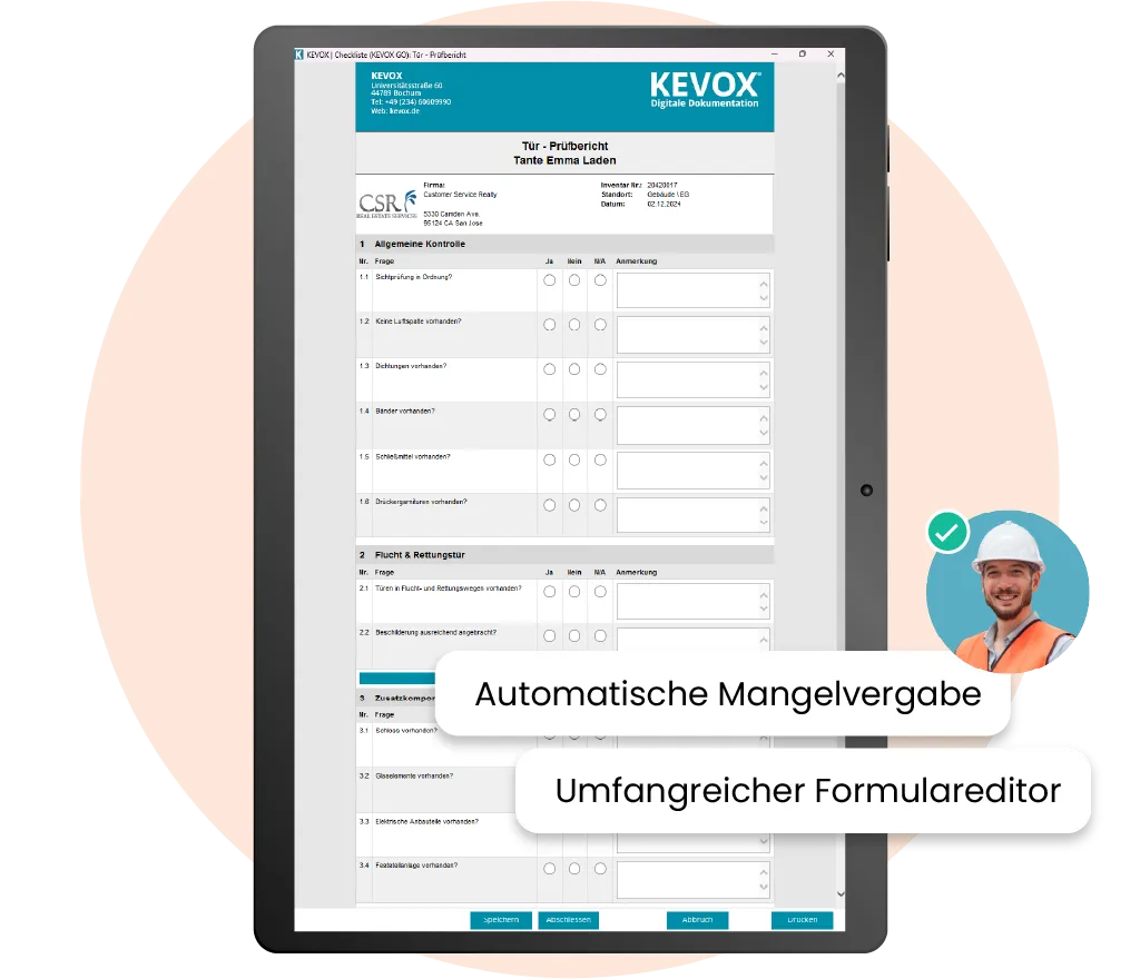 Digitale Checklisten für die Prüfung von Brandschutztüren mit moderner Software.
