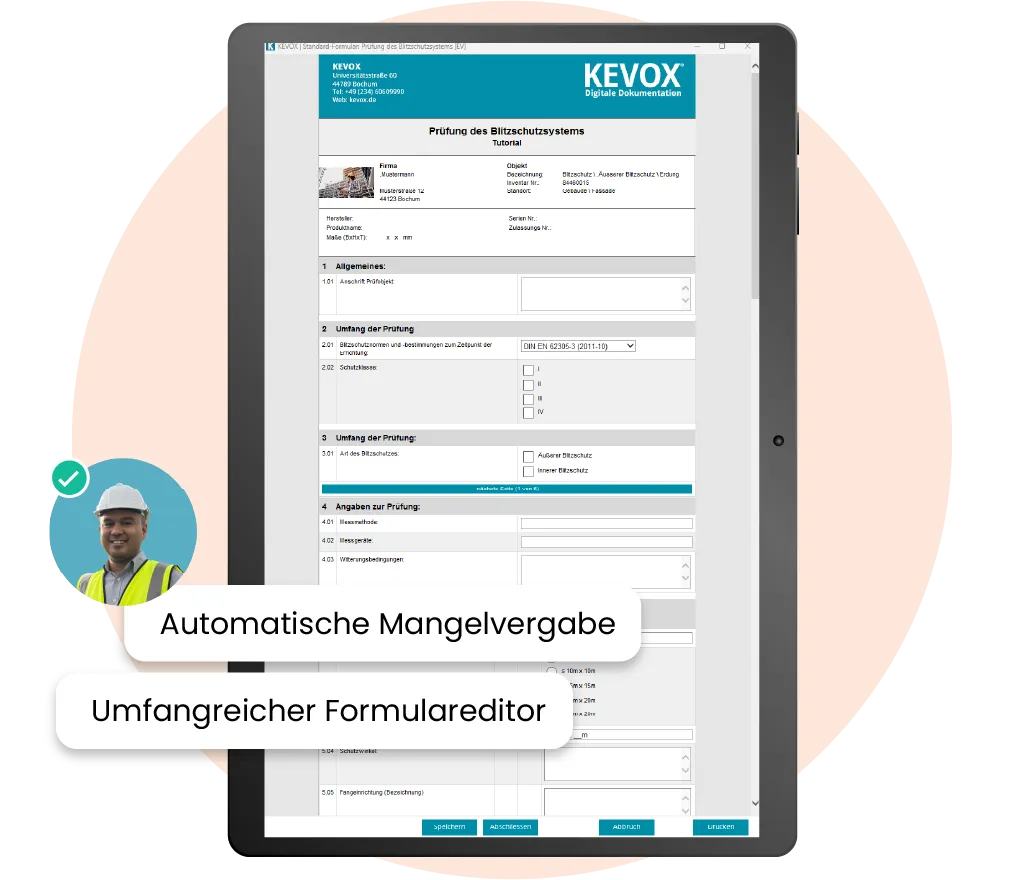 Digitales Formular für die Blitzschutzwartung mit automatischer Mangelvergabe und umfangreichem Formulareditor.