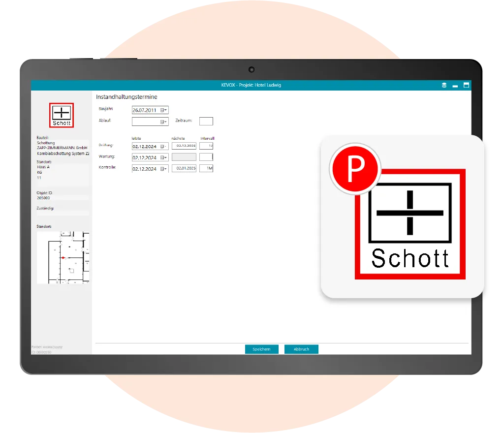 KEVOX-Softwareoberfläche mit Wartungsterminen für Brandabschottungen.