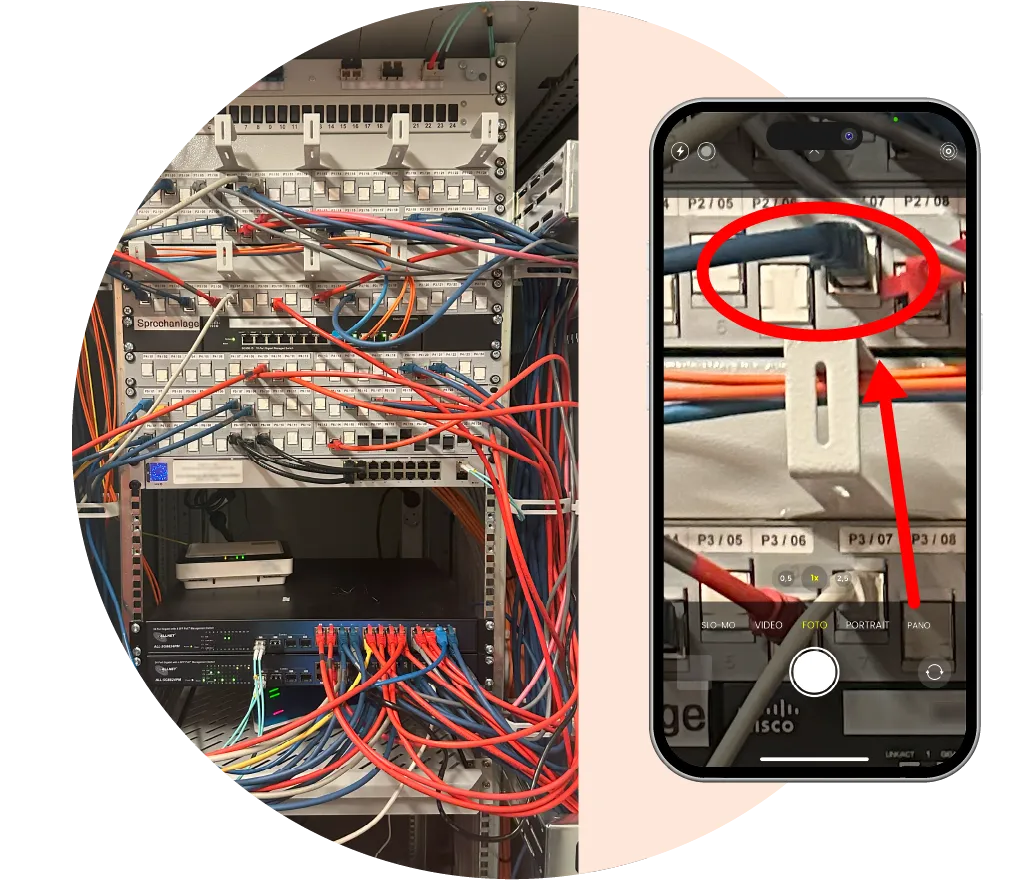 Fotodokumentation für Elektrotechnikprüfung mit Nahaufnahme von Kabeln