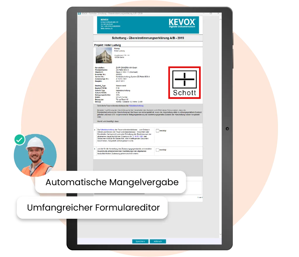 Brandabschottungen Dokumentation mit automatischer Mangelvergabe und Formulareditor.