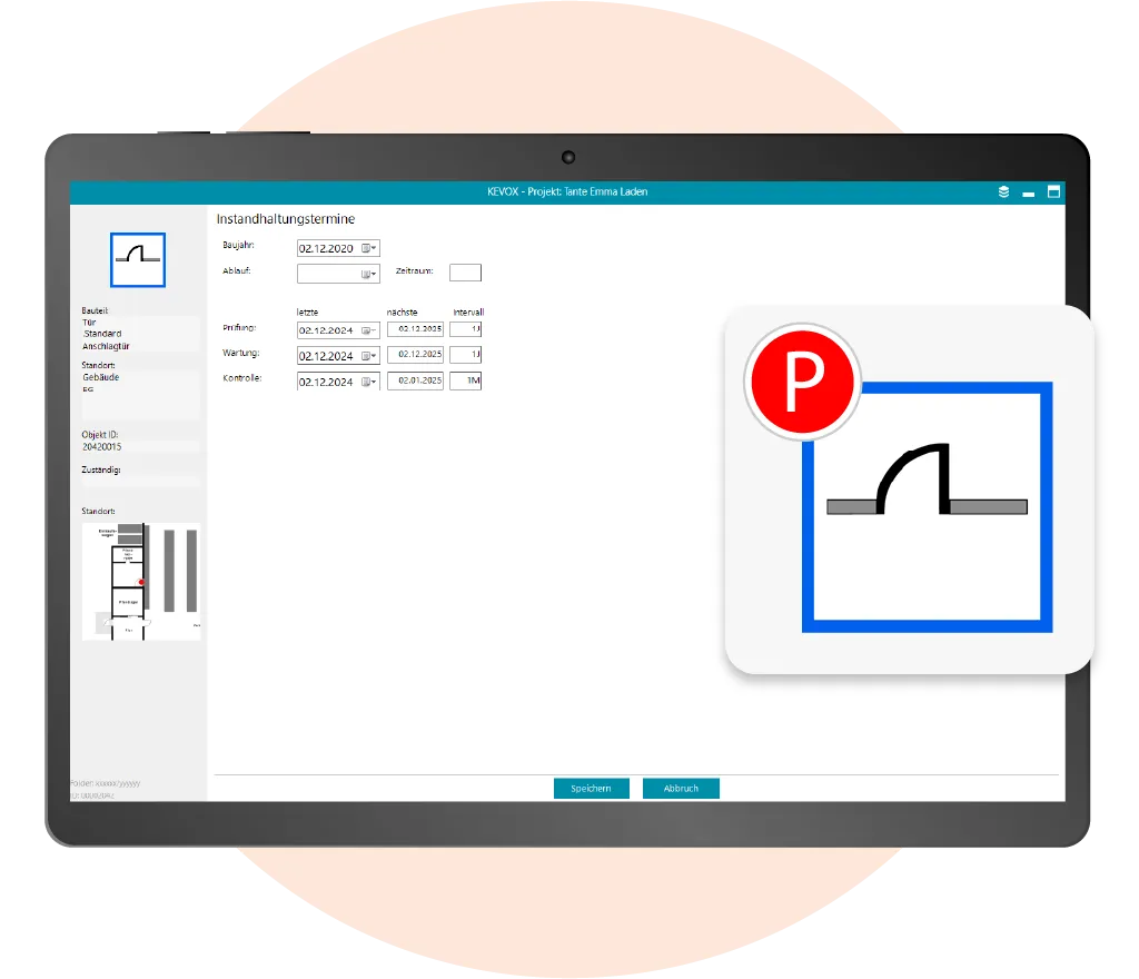 Instandhaltungstermine für die Prüfung kraftbetätigter Türen und Tore in einer digitalen Übersicht.