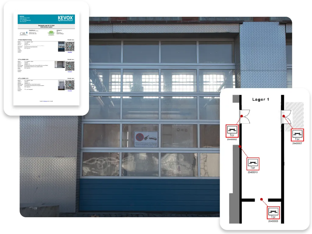 Prüfung kraftbetätigter Türen und Tore mit digitaler Dokumentation und Planübersicht.