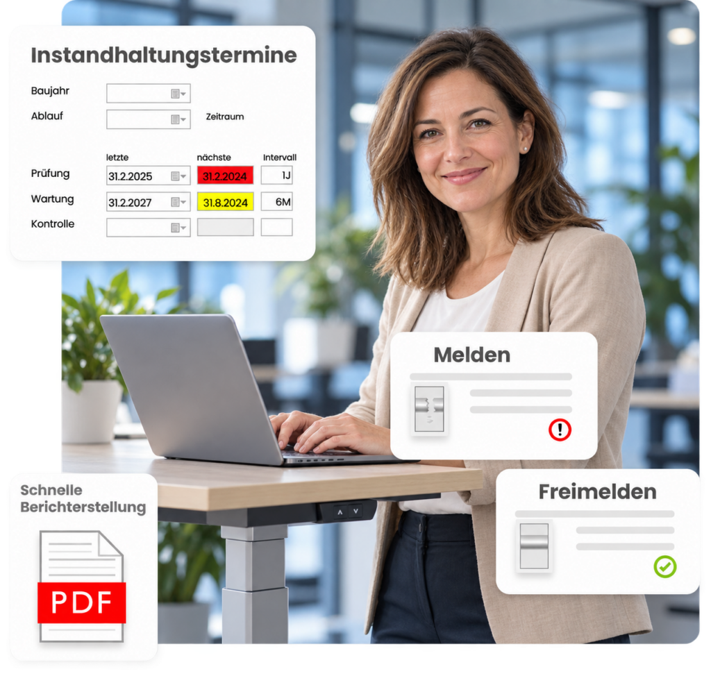 Freundliche Frau am Stehschreibtisch arbeitet am Laptop mit KEVOX