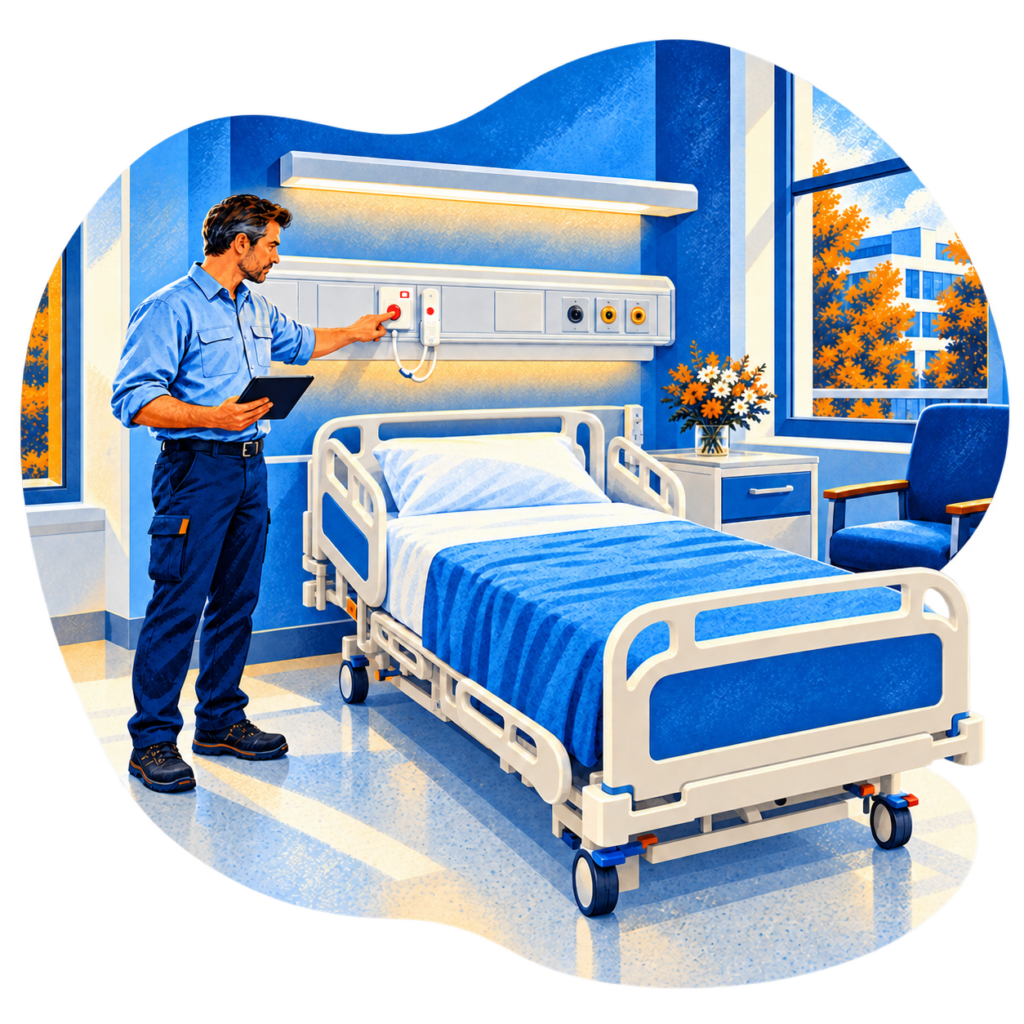 In einem Krankenzimmer: Prüfer checkt Rufanlage auf Mängel