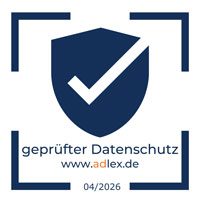 Siegel geprüfter Datenschutz von adlex, www.adlex.de, 04/2026, Schutzschild mit Häkchen